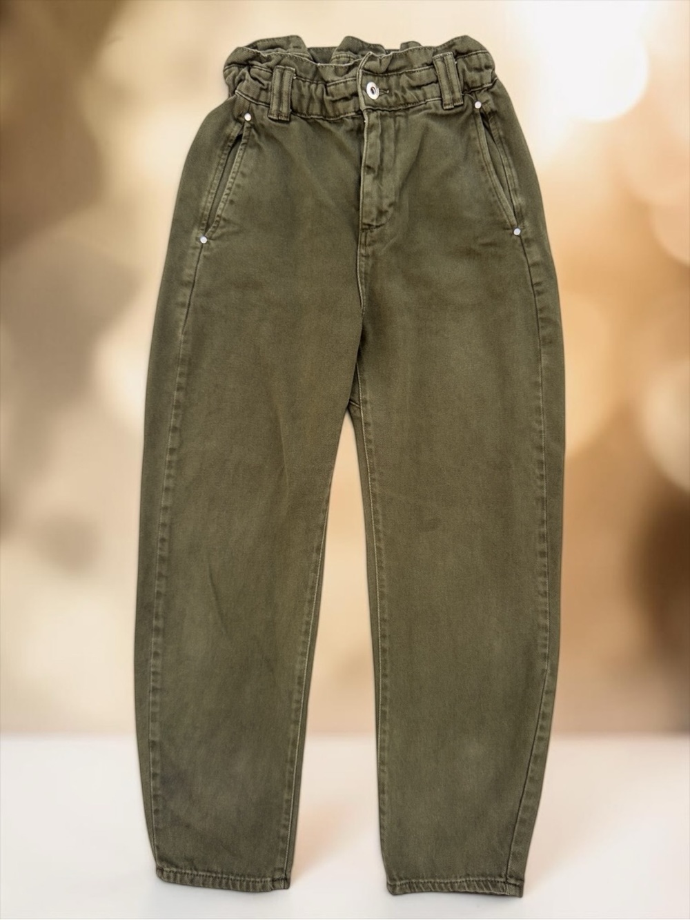 ✨Zara✨ High Rise Baggy Paperbag Tapered Jeans in Olive Green